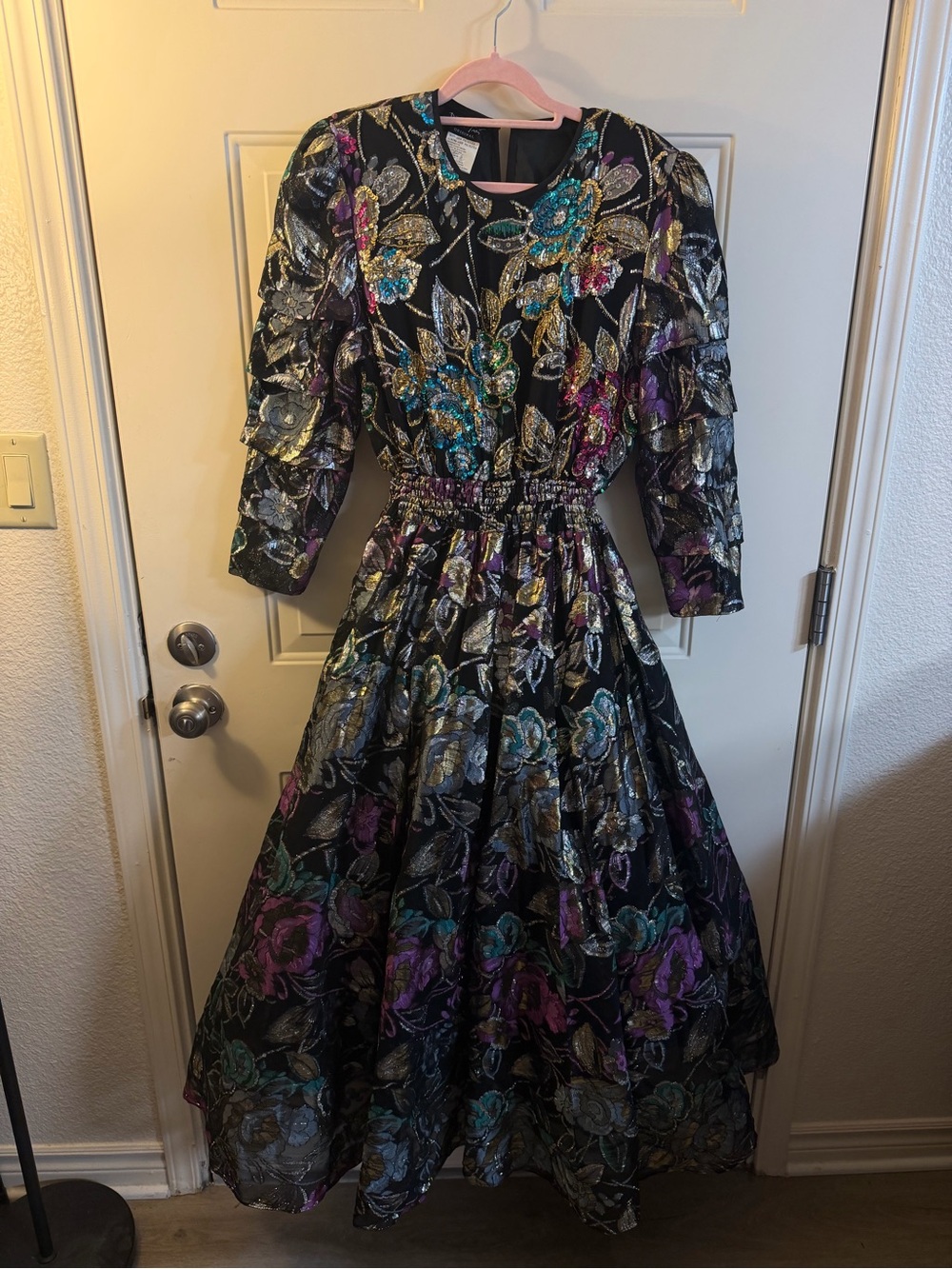 Diane Freis Original Vintage 80s Metallic Floral Sequin Maxi Dress Medium 19 PTP